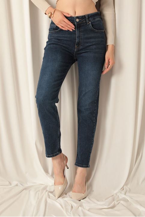 Denim Kumaş Kadın Lacivert Mom Kot Pantolon