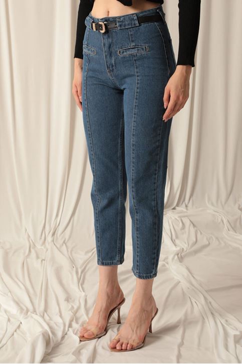 Denim Kumaş Kemerli Mom  Kadın Mavi Kot Pantolon