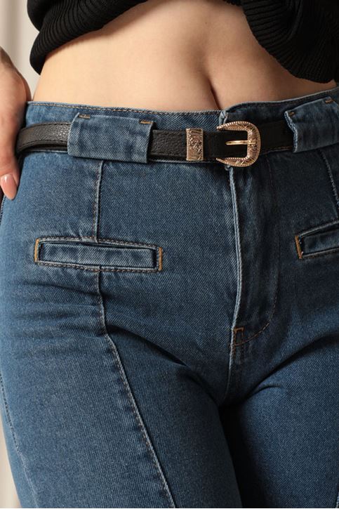 Denim Kumaş Kemerli Mom  Kadın Mavi Kot Pantolon