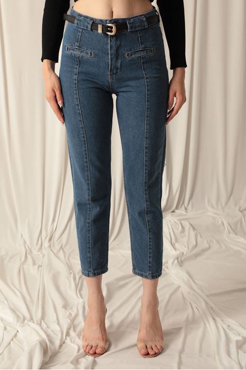 Denim Kumaş Kemerli Mom  Kadın Mavi Kot Pantolon