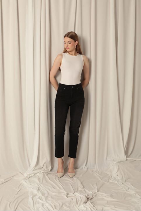 Denim Kumaş Mom Kadın Siyah Kot Pantolon