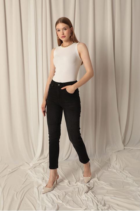 Denim Kumaş Mom Kadın Siyah Kot Pantolon