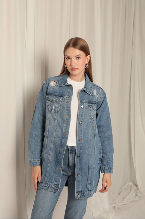 Denim Kumaş Uzun Kadın Mavi Kot Ceket