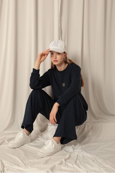  Modal Kumaş Metal Aksesuarlı Kadın Lacivert Takım