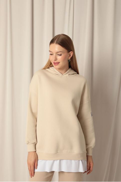 Женские бежевые свитшоты с капюшоном из трех видов пряжи
