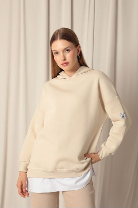 Женские бежевые свитшоты с капюшоном из трех видов пряжи