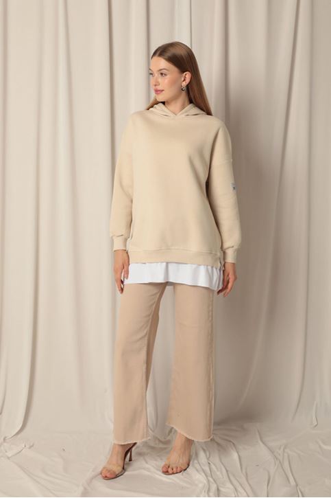 Женские бежевые свитшоты с капюшоном из трех видов пряжи