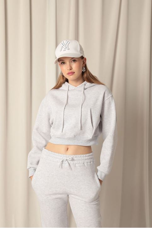 Три пряжи Ткань с капюшоном Короткие женские серые свитшоты