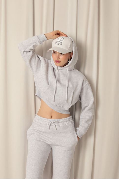 Три пряжи Ткань с капюшоном Короткие женские серые свитшоты