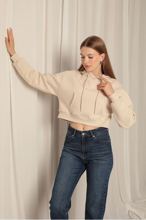 Три пряжи Ткань с капюшоном Короткие женские бежевые свитшоты