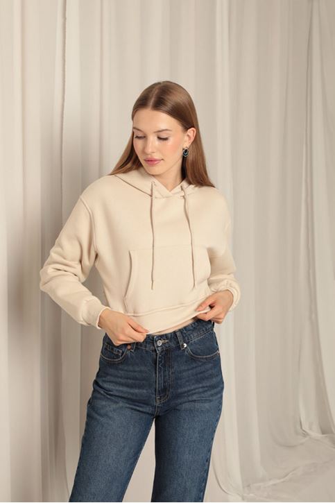 Три пряжи Ткань с капюшоном Короткие женские бежевые свитшоты