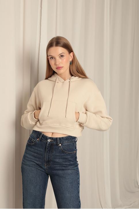 Три пряжи Ткань с капюшоном Короткие женские бежевые свитшоты