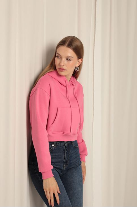 Три пряжи Ткань с капюшоном Короткие женщины Розовый свитшот