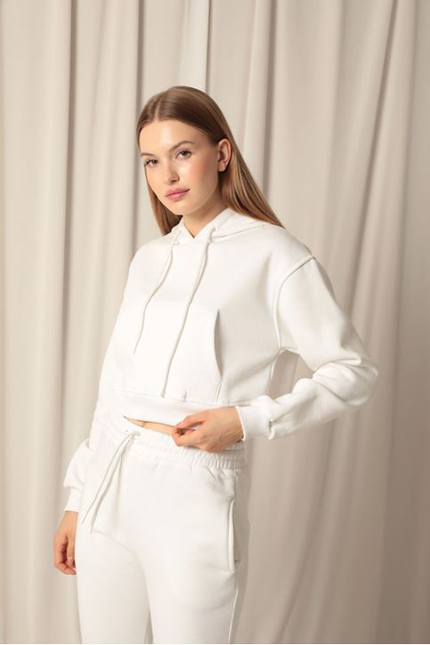 Три пряжи Ткань с капюшоном Короткие женские свитшоты Ecru