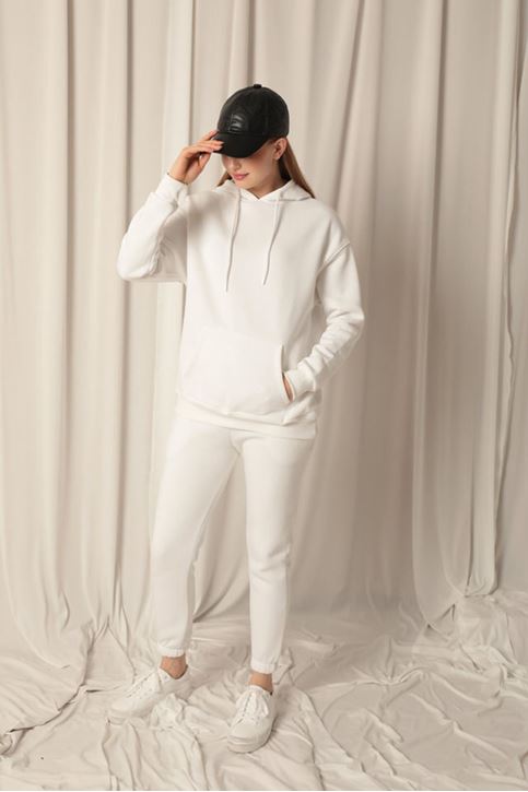 Три пряжи Ткань кенгуру Карман с капюшоном Женский свитшот Ecru