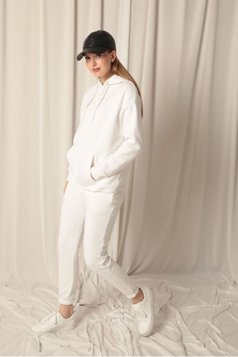 Три пряжи Ткань кенгуру Карман с капюшоном Женский свитшот Ecru