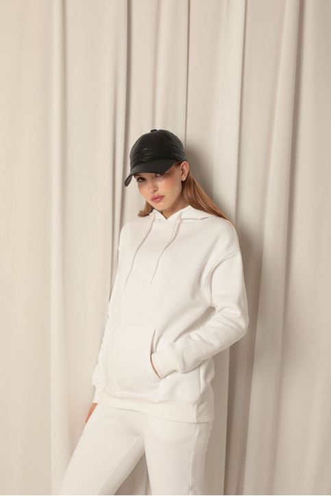 Три пряжи Ткань кенгуру Карман с капюшоном Женский свитшот Ecru