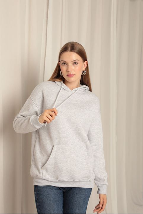 Три пряжи кенгуру карман женщины с капюшоном светло-серый свитшот