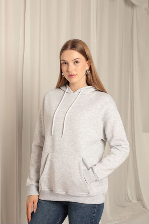Три пряжи кенгуру карман женщины с капюшоном светло-серый свитшот