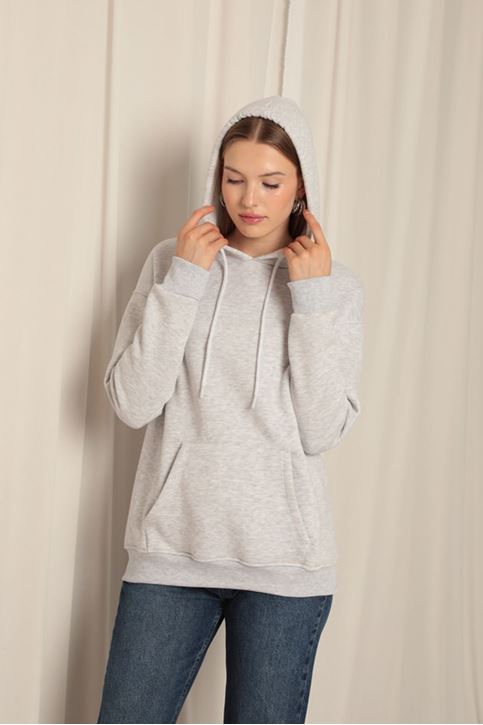 Три пряжи кенгуру карман женщины с капюшоном светло-серый свитшот