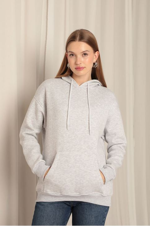 Три пряжи кенгуру карман женщины с капюшоном светло-серый свитшот