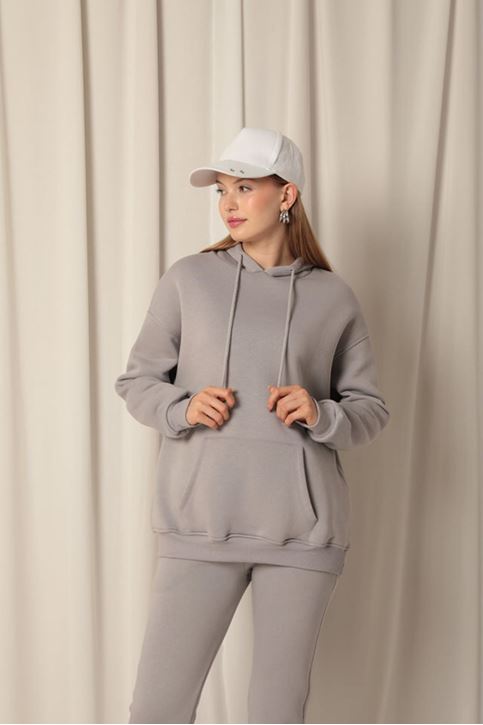 Три пряжи ткань кенгуру карман толстовка женщин серый пот