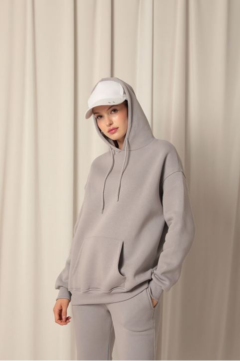 Три пряжи ткань кенгуру карман толстовка женщин серый пот