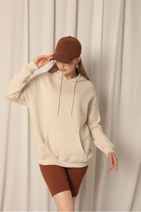 Три пряжи кенгуру карман женщины с капюшоном бежевый пот