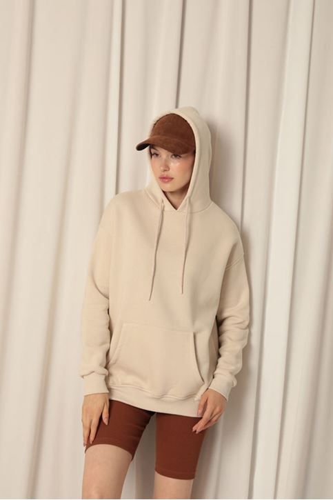 Три пряжи кенгуру карман женщины с капюшоном бежевый пот