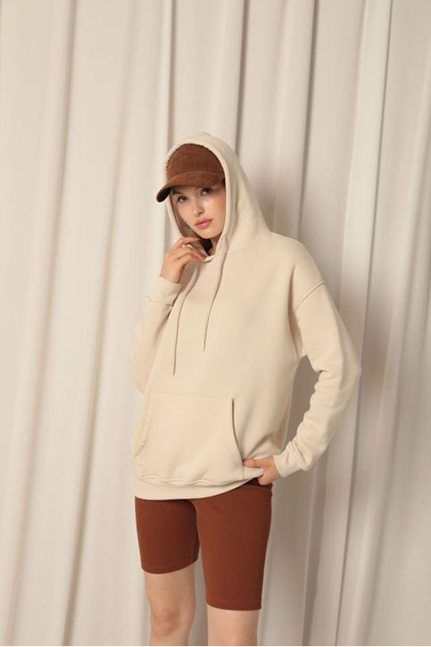 Три пряжи кенгуру карман женщины с капюшоном бежевый пот