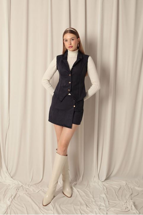 Suede Fabric Women's Navy Blue Vest