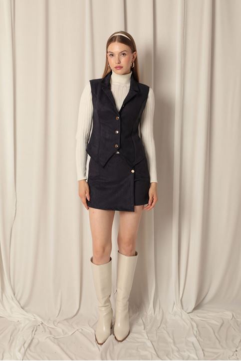 Suede Fabric Women's Navy Blue Vest