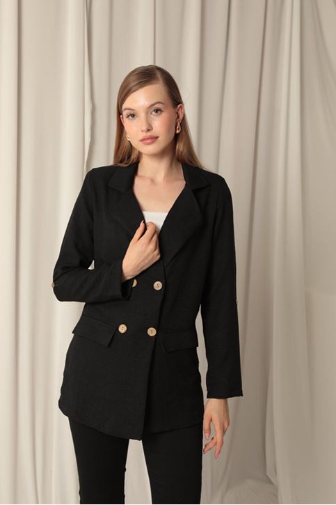 Melange Linen Fabric Women's Black Jacket