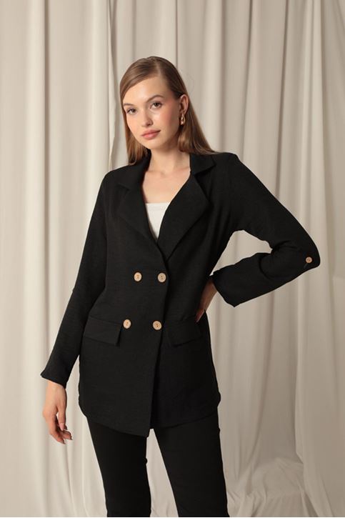 Melange Linen Fabric Women's Black Jacket