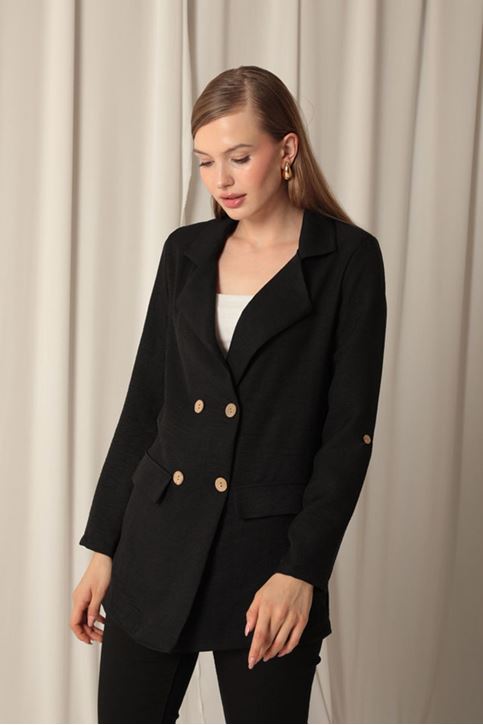 Melange Linen Fabric Women's Black Jacket