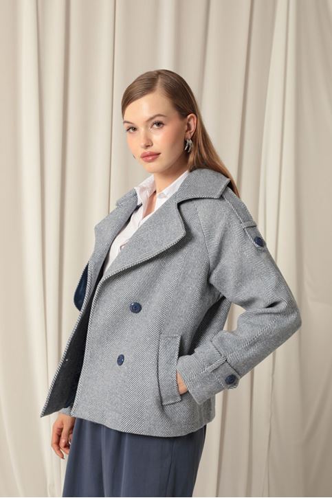 Cashmere Fabric Short Women's Navy Blue Coat