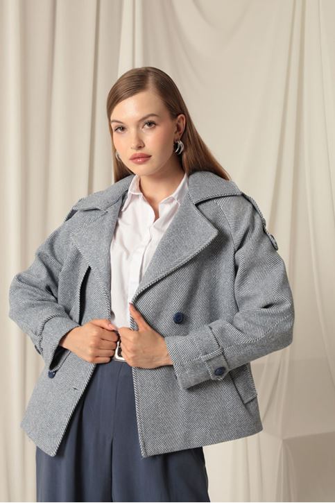 Cashmere Fabric Short Women's Navy Blue Coat