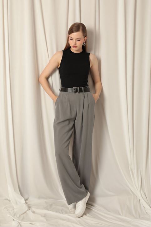 Tensel Kumaş Dokuma Kadın Gri Pantolon 