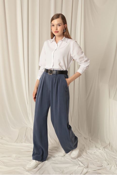 Tensel Kumaş Dokuma Kadın İndigo Pantolon 