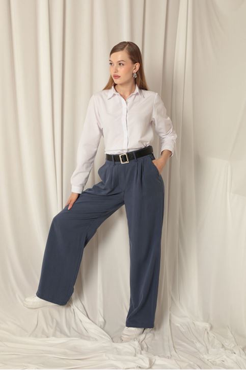 Tensel Kumaş Dokuma Kadın İndigo Pantolon 