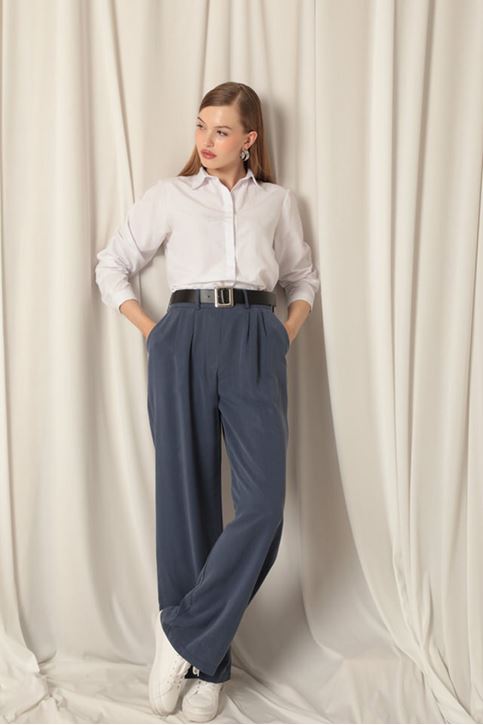 Tensel Kumaş Dokuma Kadın İndigo Pantolon 