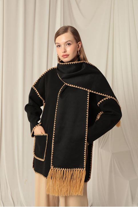 Cashmere Fabric Women's Black/Camel Design Jacket