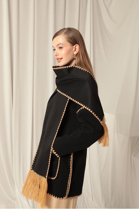 Cashmere Fabric Women's Black/Camel Design Jacket