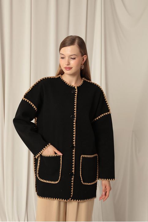 Cashmere Fabric Women's Black/Camel Design Jacket