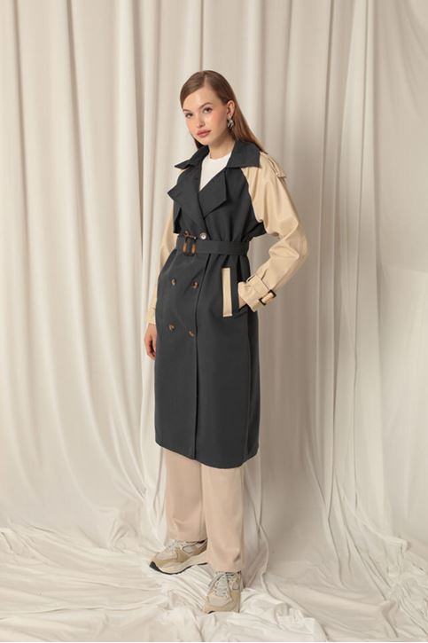 Woven Fabric Women's Anthracite Trench Coat