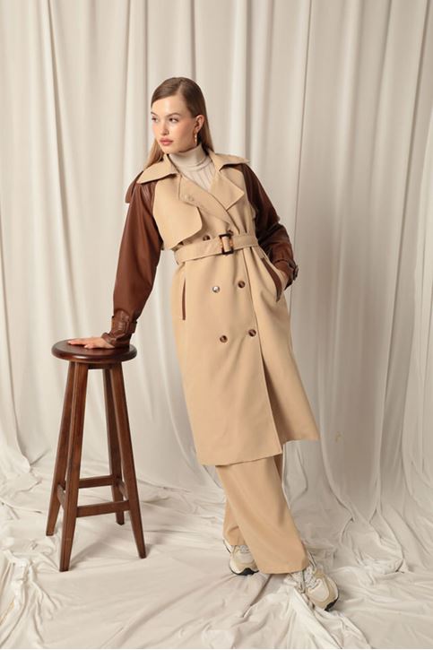 Woven Fabric Women's Beige Trench Coat