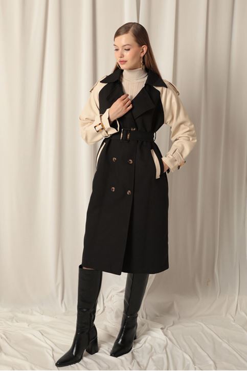 Woven Fabric Women's Black Trench Coat