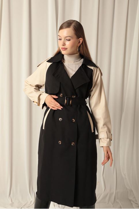 Woven Fabric Women's Black Trench Coat