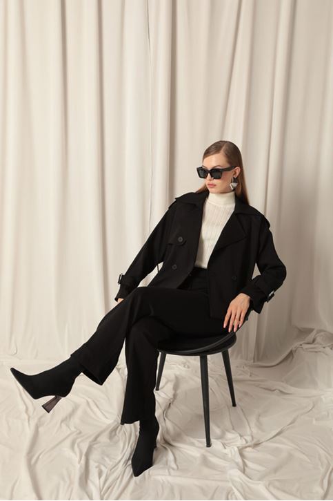 Woven Fabric Short Women's Black Trench Coat