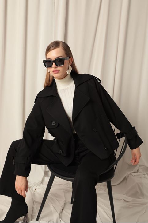 Woven Fabric Short Women's Black Trench Coat
